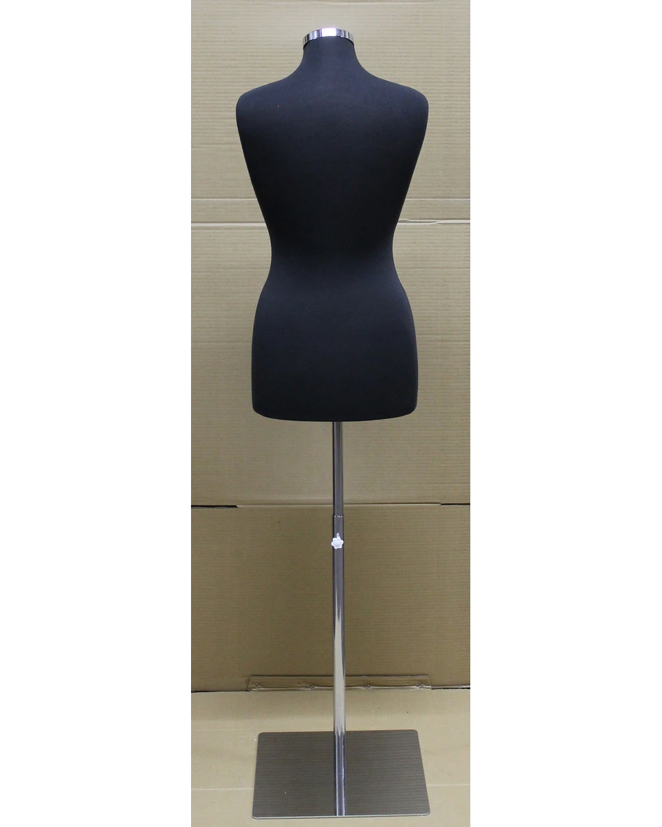Size 8/10 female dress form with metal base in black jersey