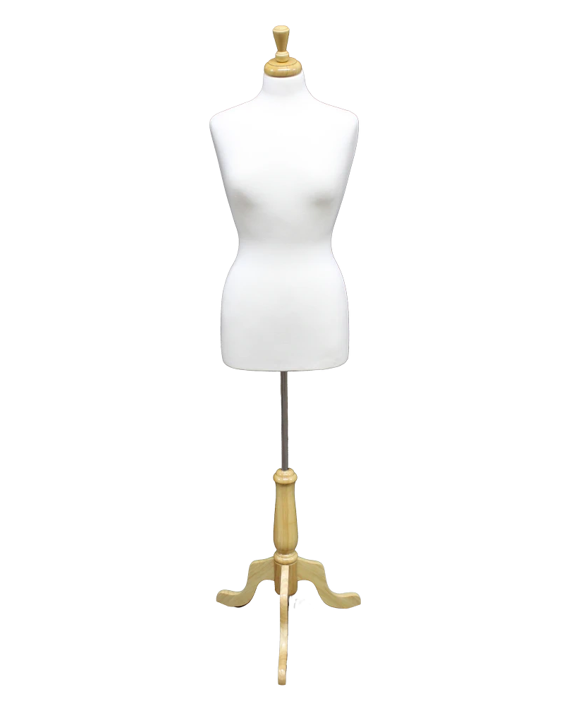 Size 8/10 female dress form with wooden tripod base in cream white jersey