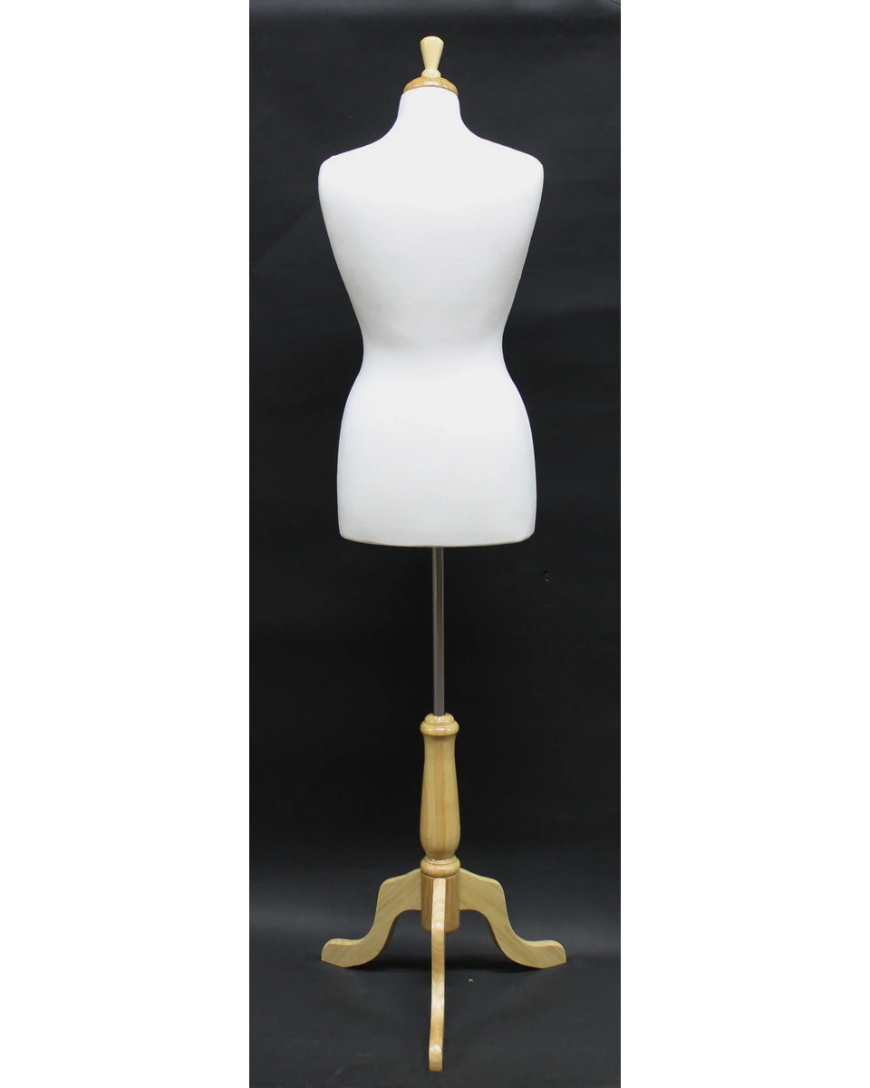 Size 8/10 female dress form with wooden tripod base in cream white jersey