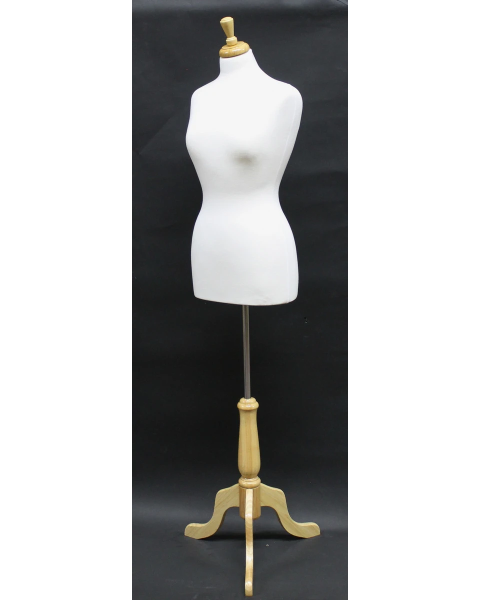 Size 8/10 female dress form with wooden tripod base in cream white jersey