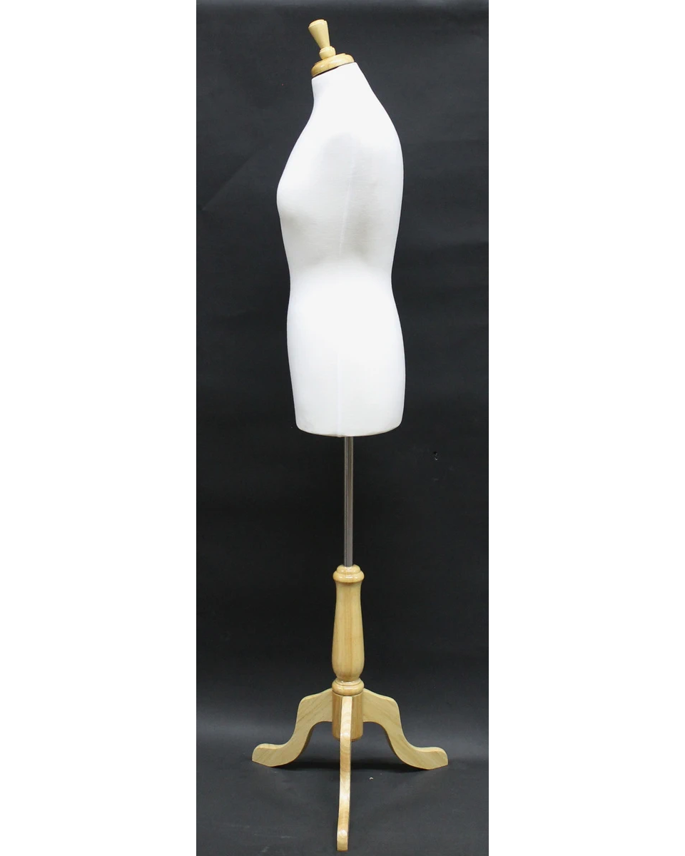 Size 8/10 female dress form with wooden tripod base in cream white jersey