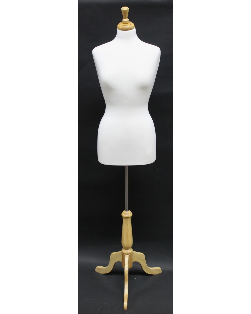 Size 8/10 female dress form with wooden tripod base in cream white jersey