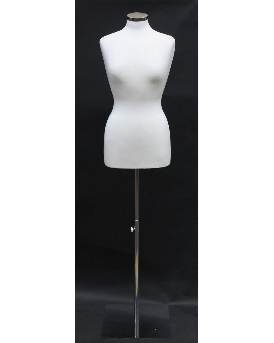 Size 8/10 off-white jersey female dress form on chrome square metal base, B68-WM