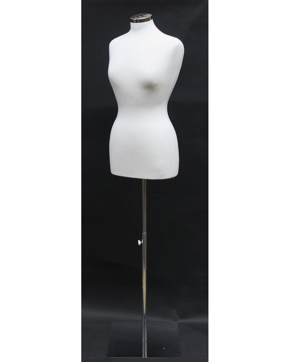 Size 8/10 off-white jersey female dress form on chrome square metal base, B68-WM