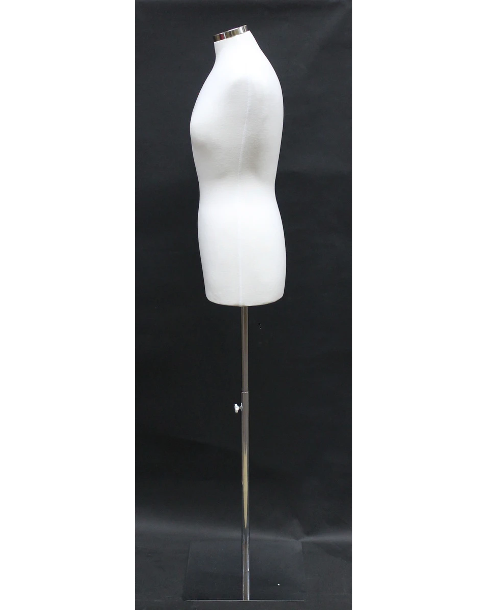 Size 8/10 off-white jersey female dress form on chrome square metal base, B68-WM