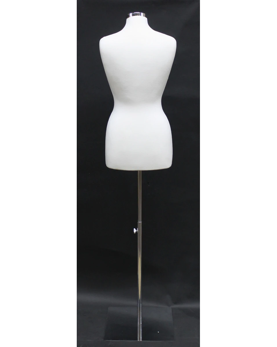 Size 8/10 off-white jersey female dress form on chrome square metal base, B68-WM