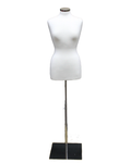 Size 8/10 off-white jersey female dress form on chrome square metal base, B68-WM