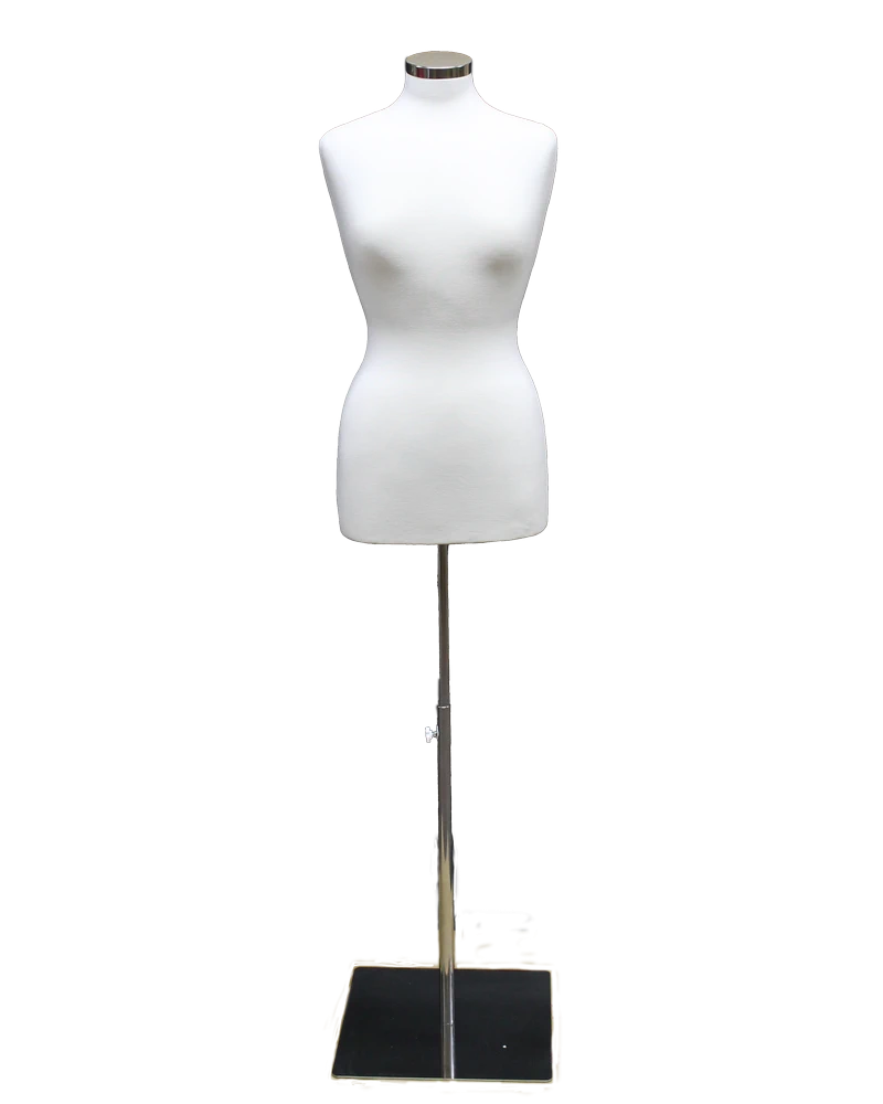 Size 8/10 off-white jersey female dress form on chrome square metal base, B68-WM