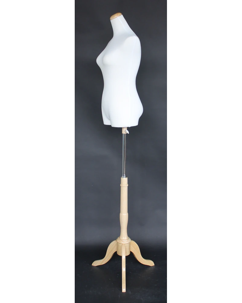 Size 2/4 female three-quarter body dress form with wooden tripod base in cream white jersey