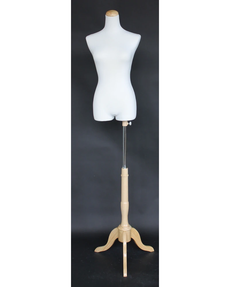 Size 2/4 female three-quarter body dress form with wooden tripod base in cream white jersey