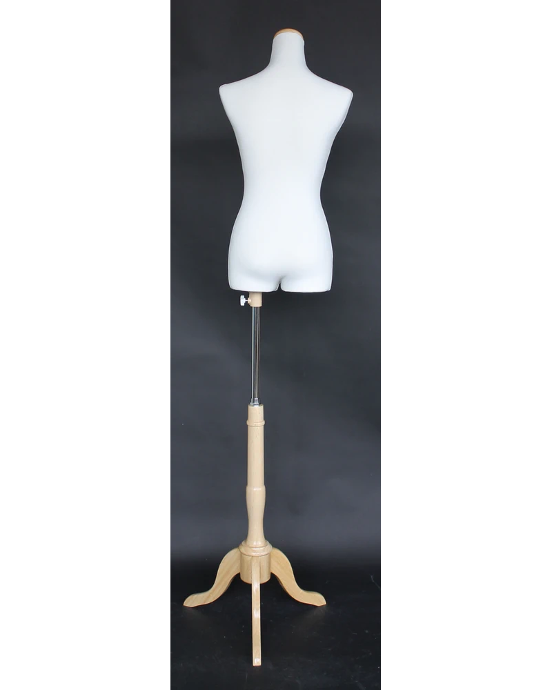 Size 2/4 female three-quarter body dress form with wooden tripod base in cream white jersey