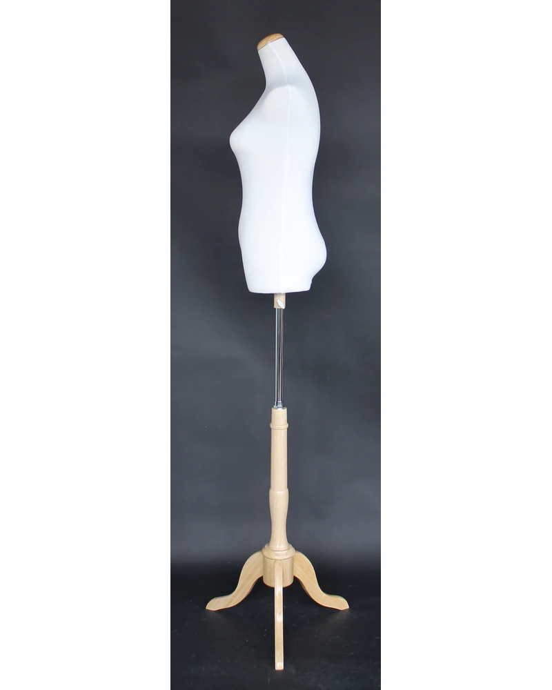 Size 2/4 female three-quarter body dress form with wooden tripod base in cream white jersey