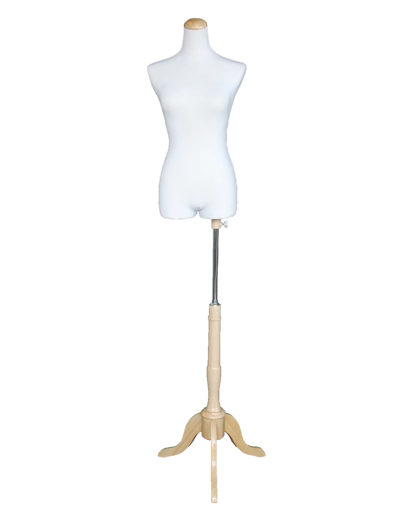Size 2/4 female three-quarter body dress form with wooden tripod base in cream white jersey