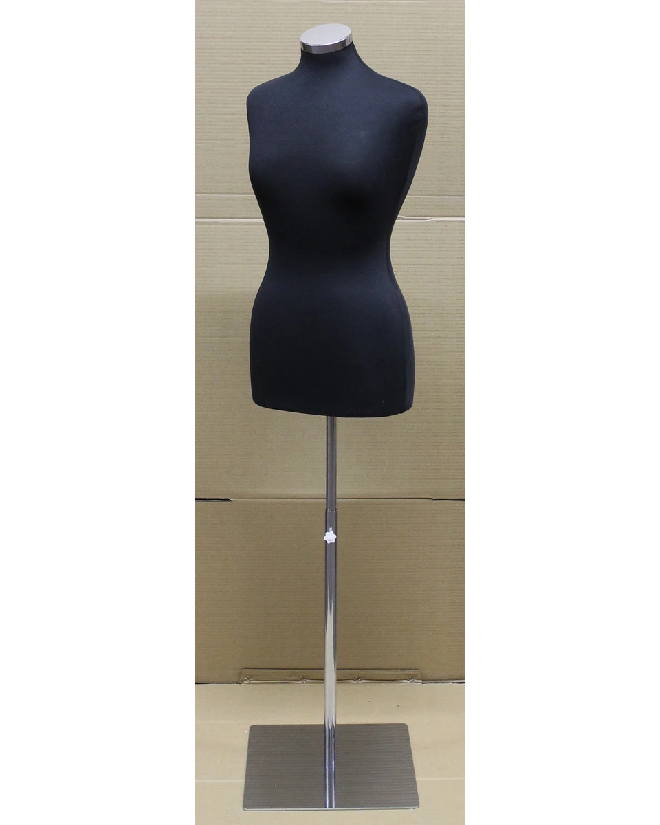 Size 4/6 black jersey female dress form on chrome square metal base, B46-BM