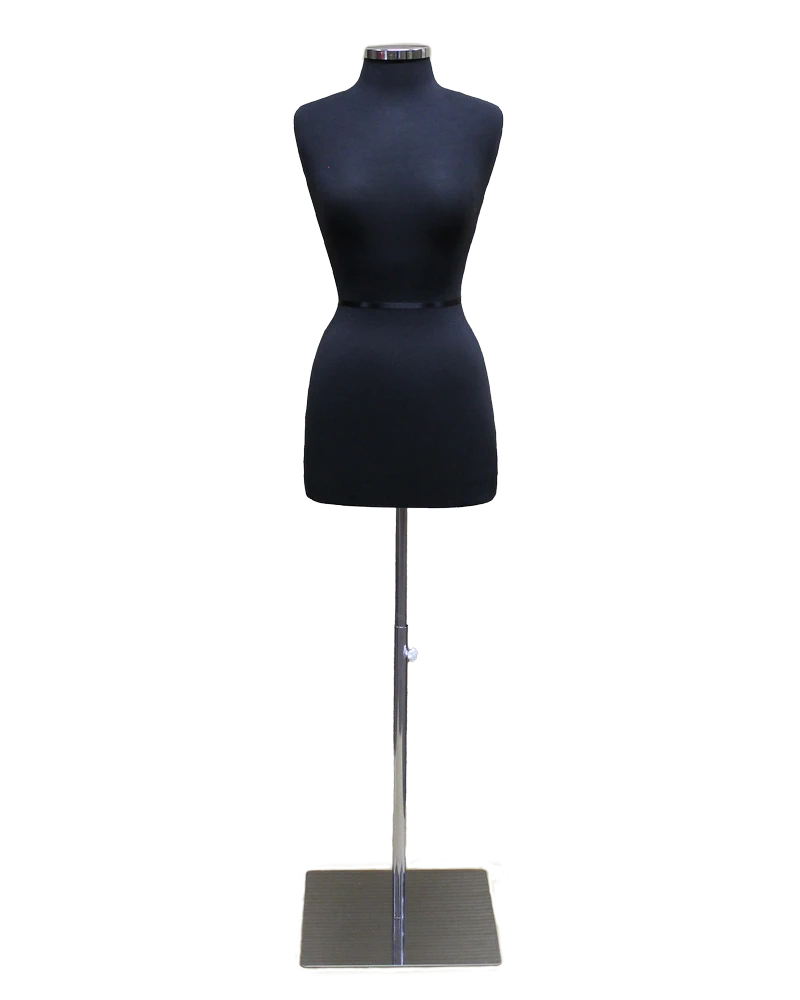 Size 4/6 black jersey female dress form on chrome square metal base, B46-BM