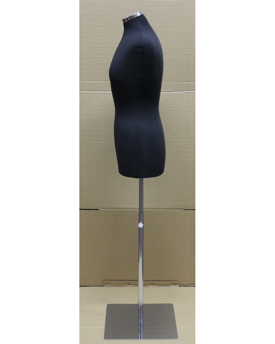 Size 4/6 black jersey female dress form on chrome square metal base, B46-BM
