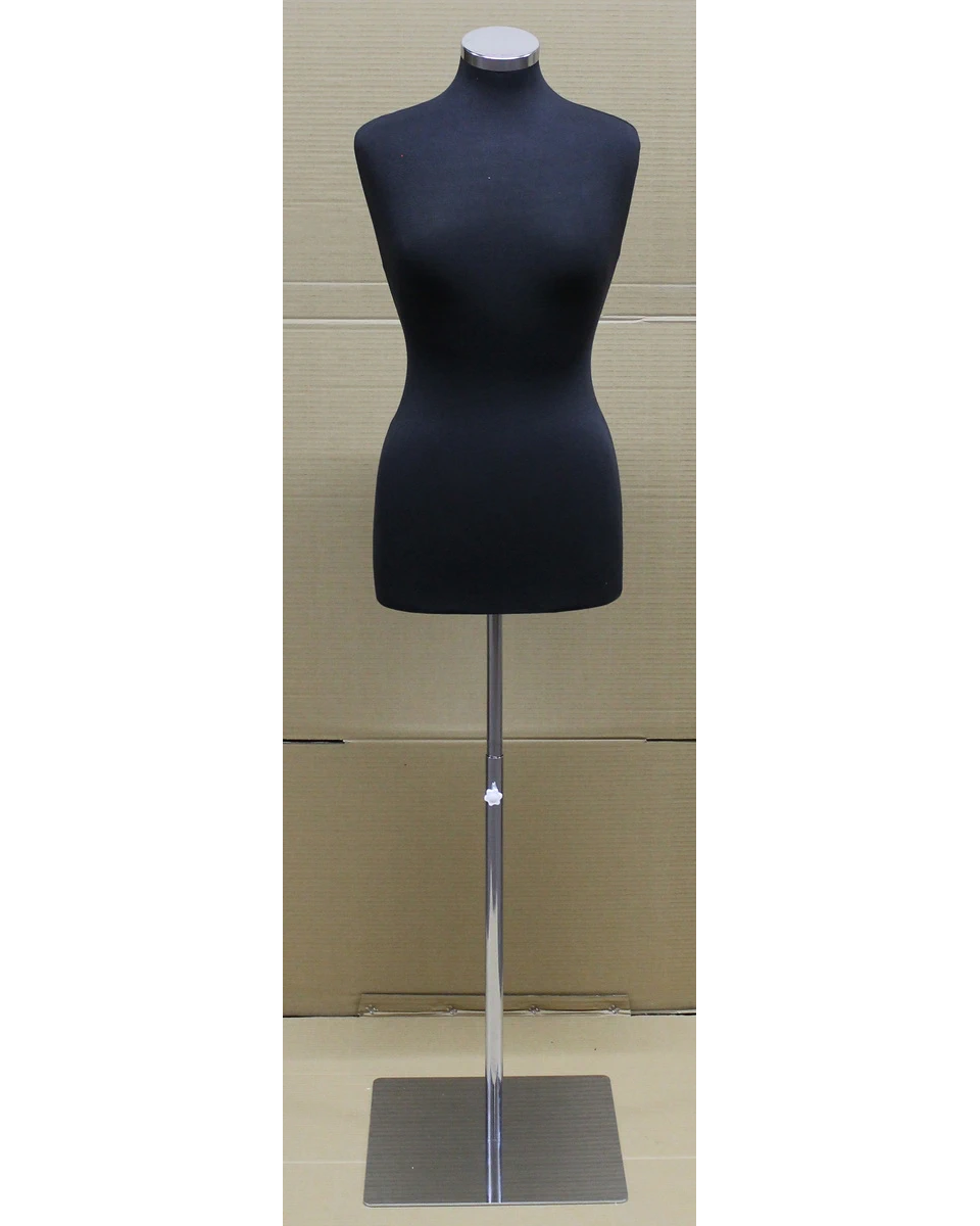 Size 4/6 black jersey female dress form on chrome square metal base, B46-BM