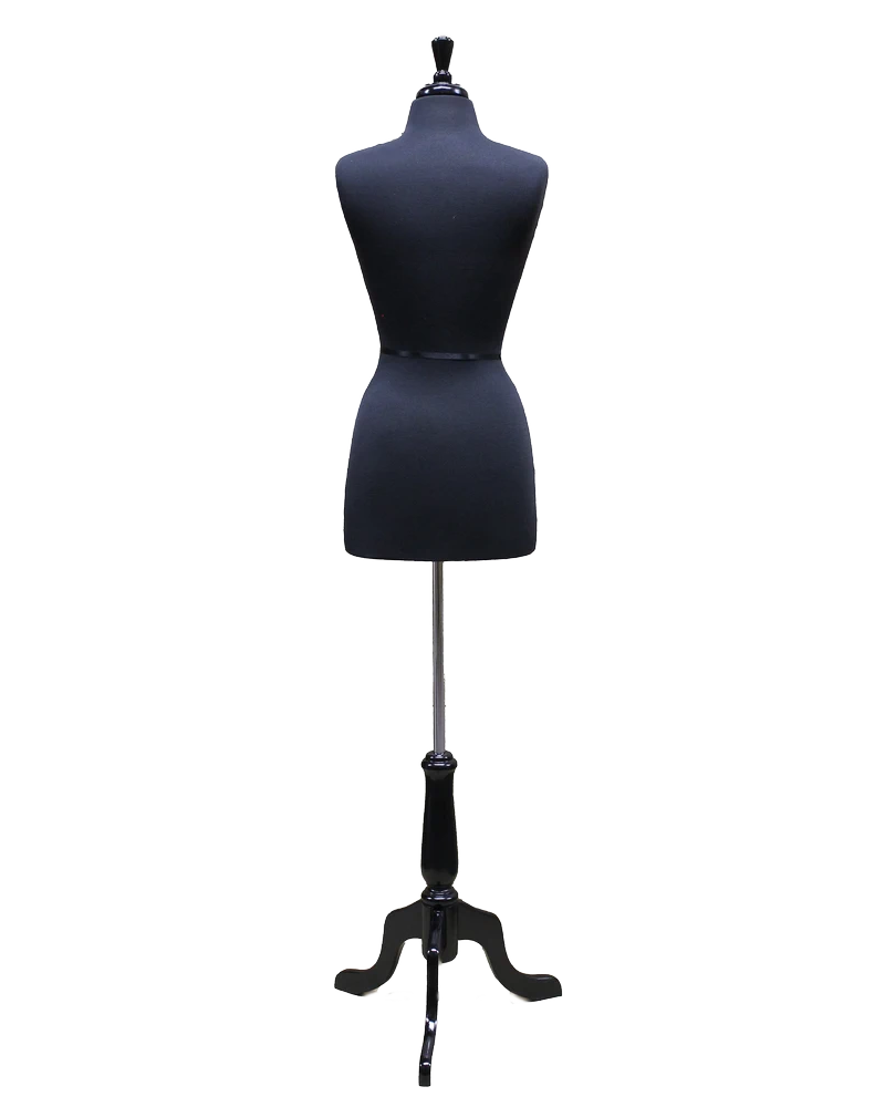 Size 4/6 black jersey female dress form with black wooden tripod base, B46-BK