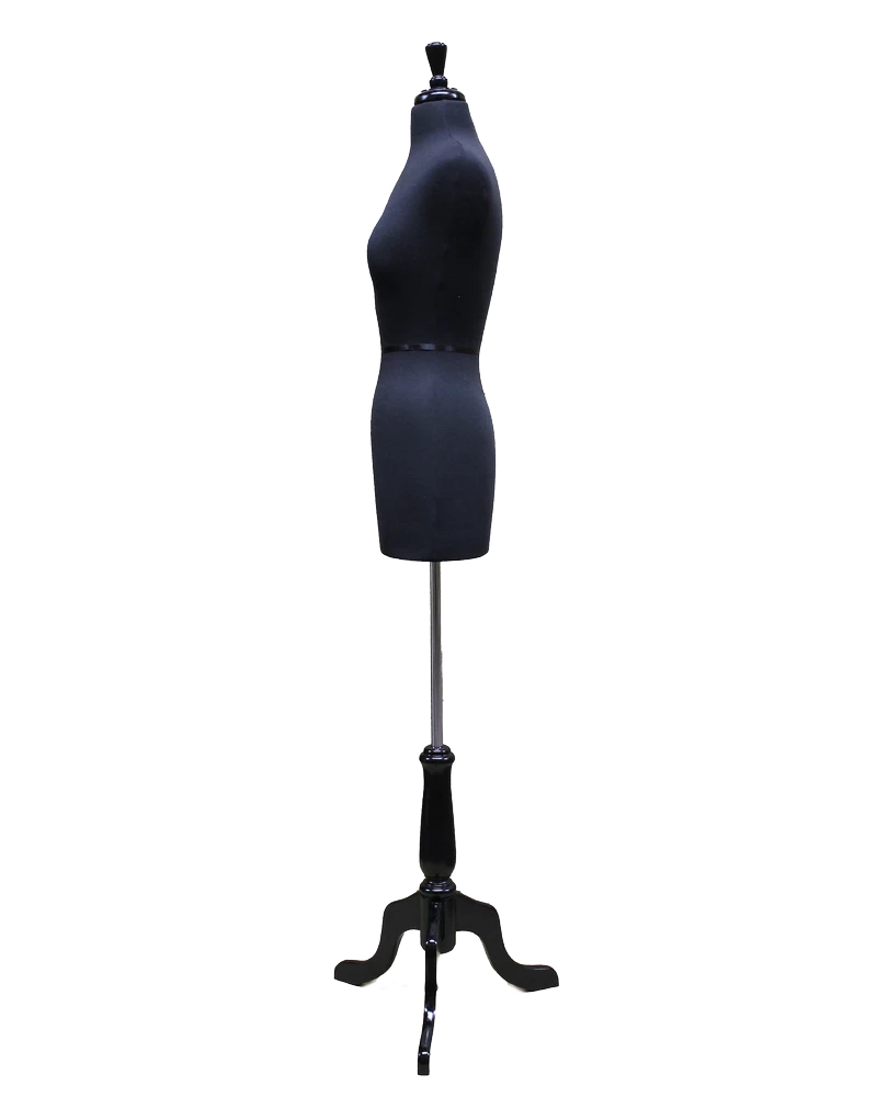 Size 4/6 black jersey female dress form with black wooden tripod base, B46-BK