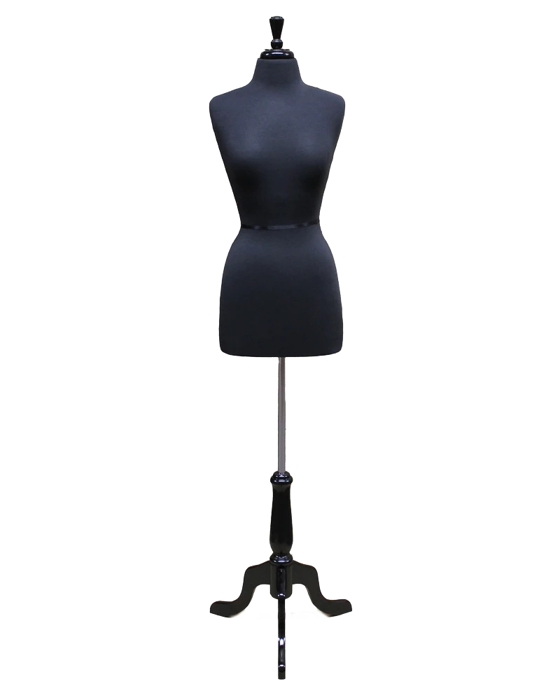 Size 4/6 black jersey female dress form with black wooden tripod base, B46-BK