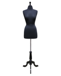 Size 4/6 black jersey female dress form with black wooden tripod base, B46-BK