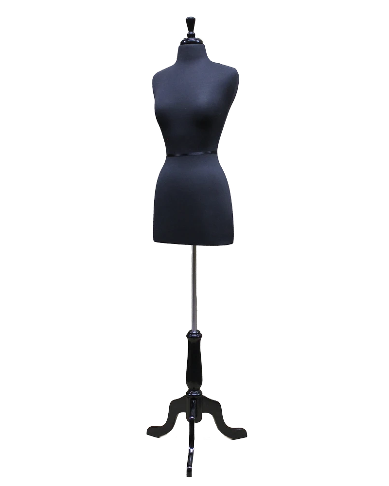 Size 4/6 black jersey female dress form with black wooden tripod base, B46-BK