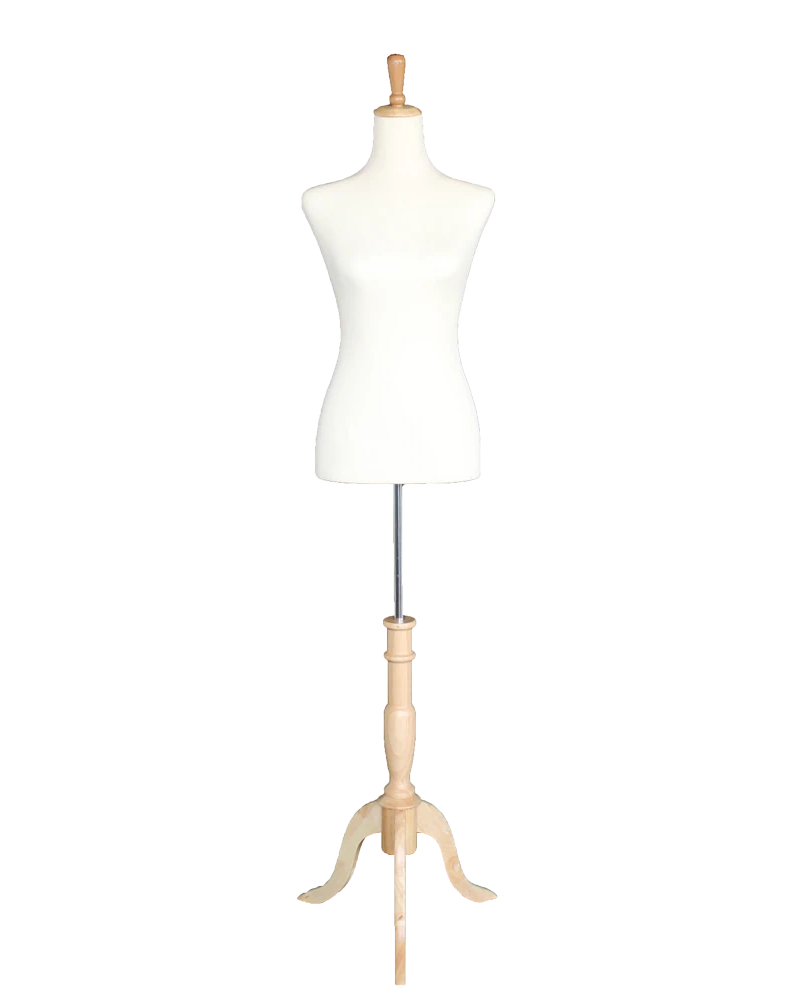 Size 4/6 female dress form with wooden tripod base in cream white jersey