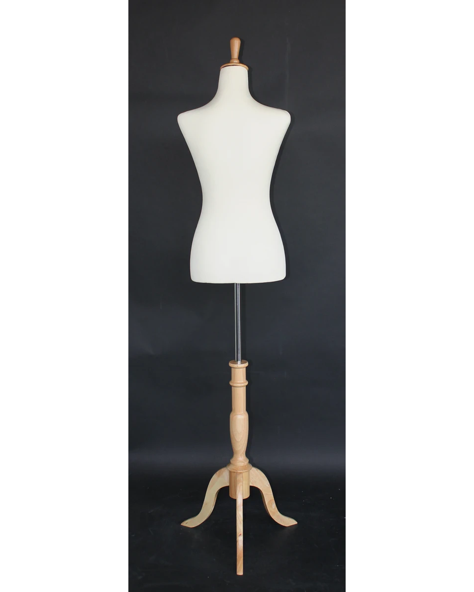Size 4/6 female dress form with wooden tripod base in cream white jersey