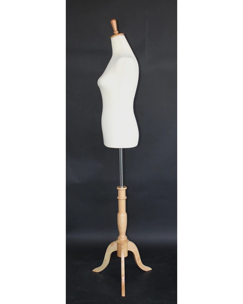 Size 4/6 female dress form with wooden tripod base in cream white jersey