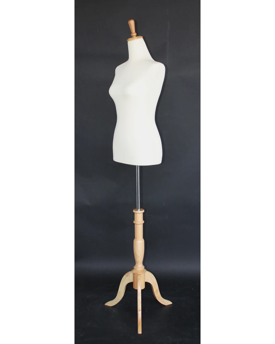 Size 4/6 female dress form with wooden tripod base in cream white jersey