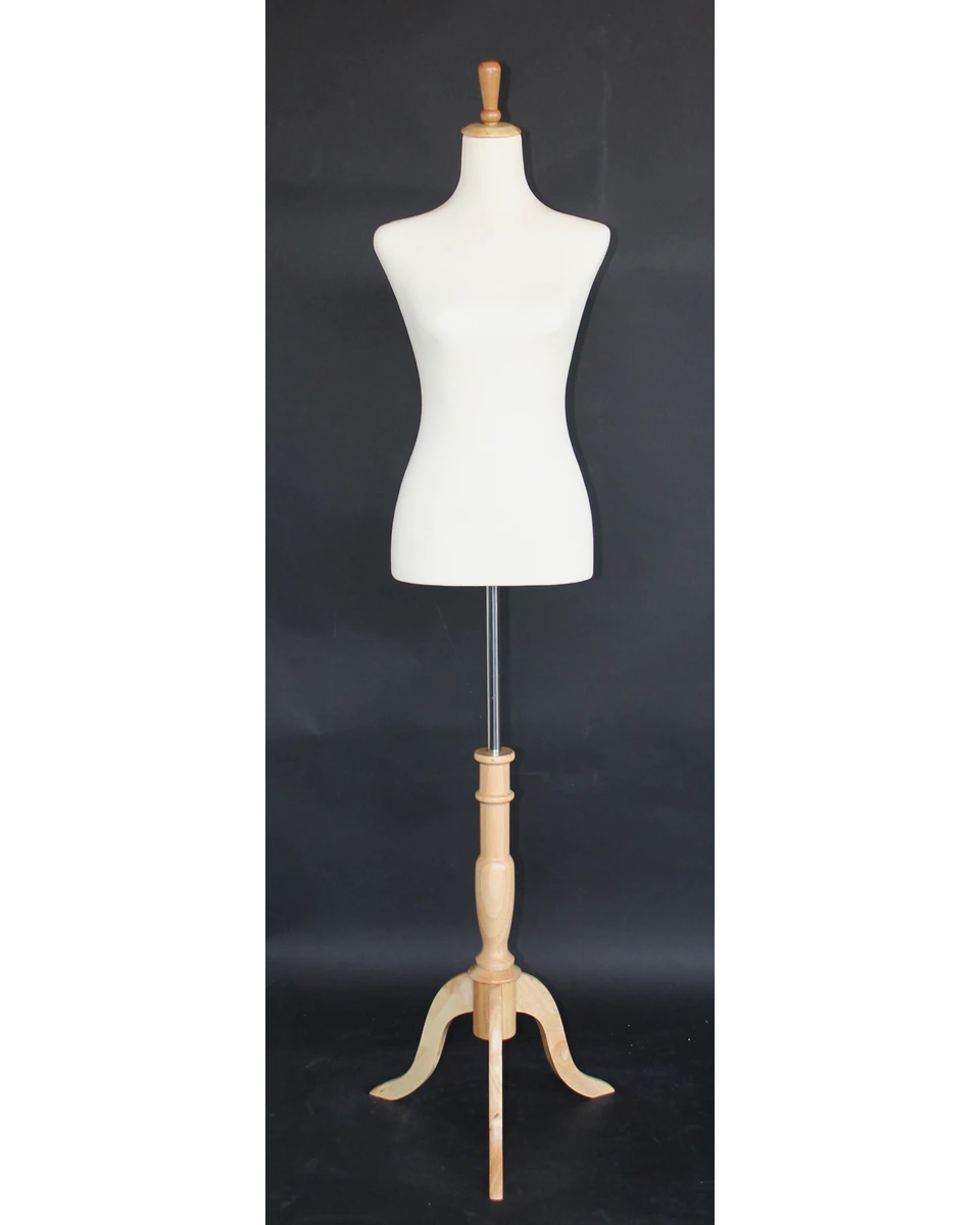Size 4/6 female dress form with wooden tripod base in cream white jersey