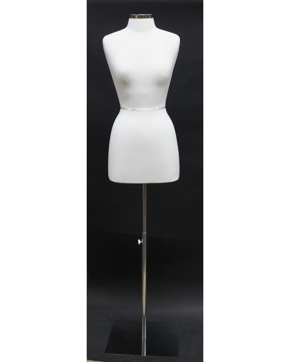 Size 4/6 off-white jersey female dress form on square metal base, B46-WM