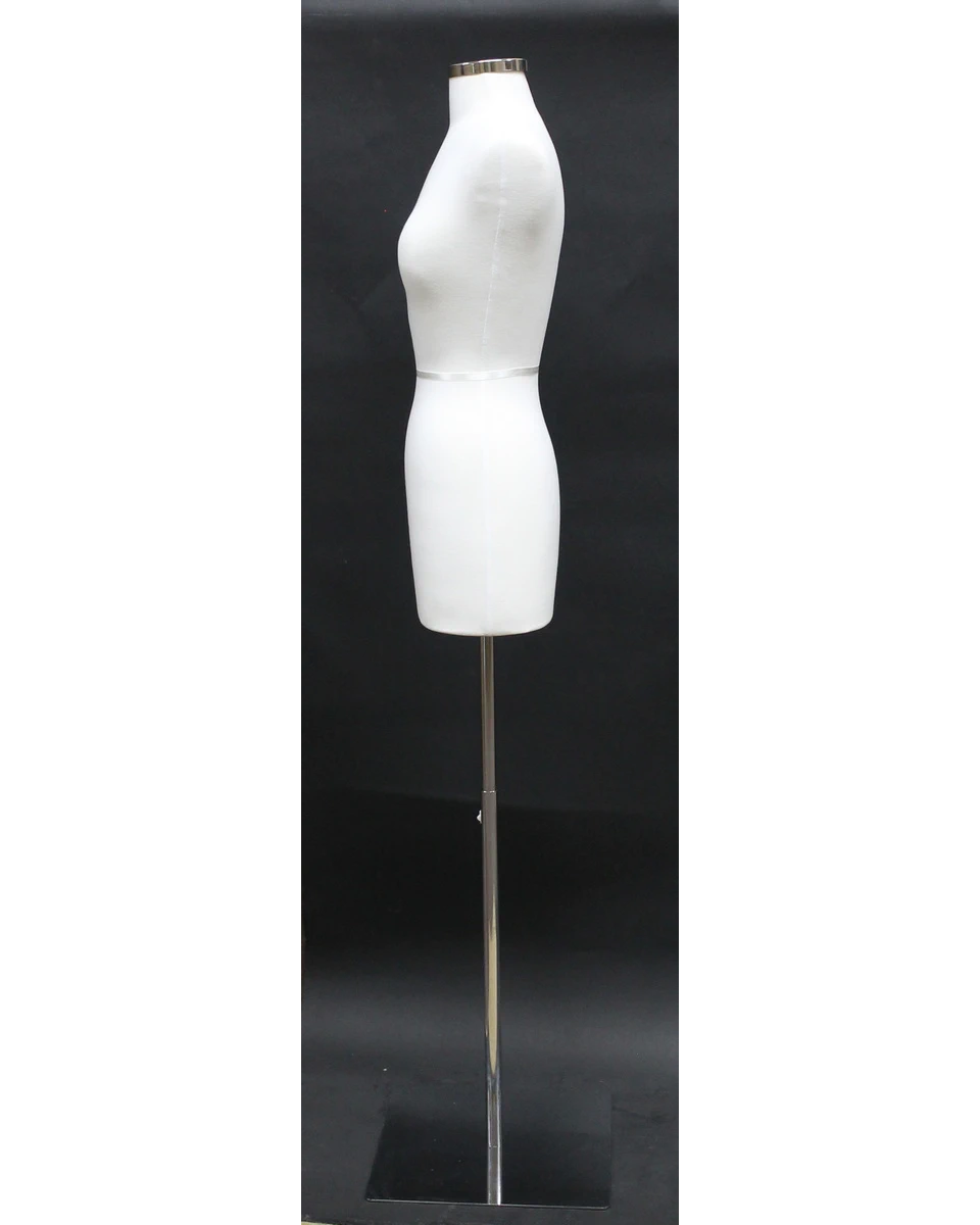 Size 4/6 off-white jersey female dress form on square metal base, B46-WM