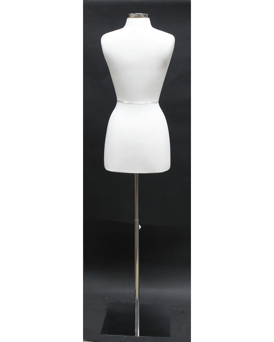 Size 4/6 off-white jersey female dress form on square metal base, B46-WM