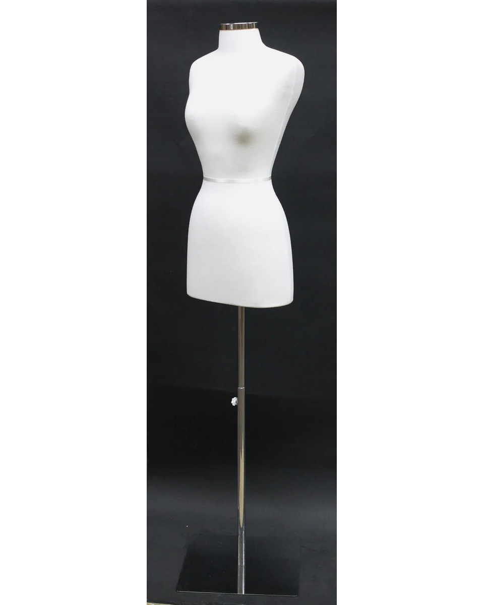 Size 4/6 off-white jersey female dress form on square metal base, B46-WM