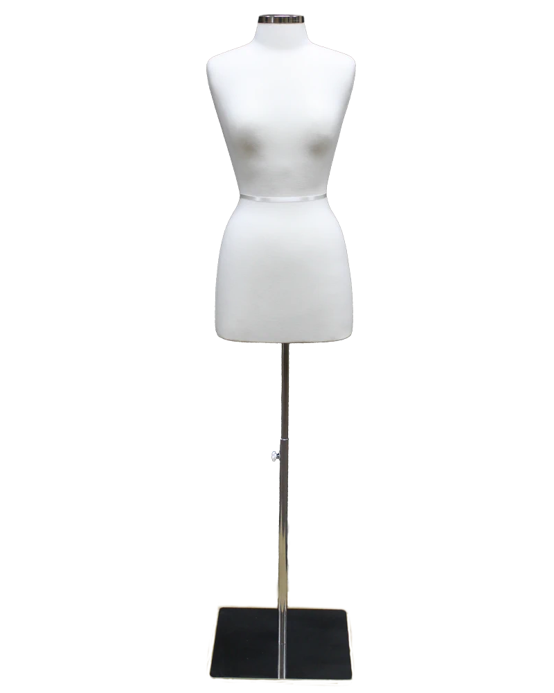 Size 4/6 off-white jersey female dress form on square metal base, B46-WM