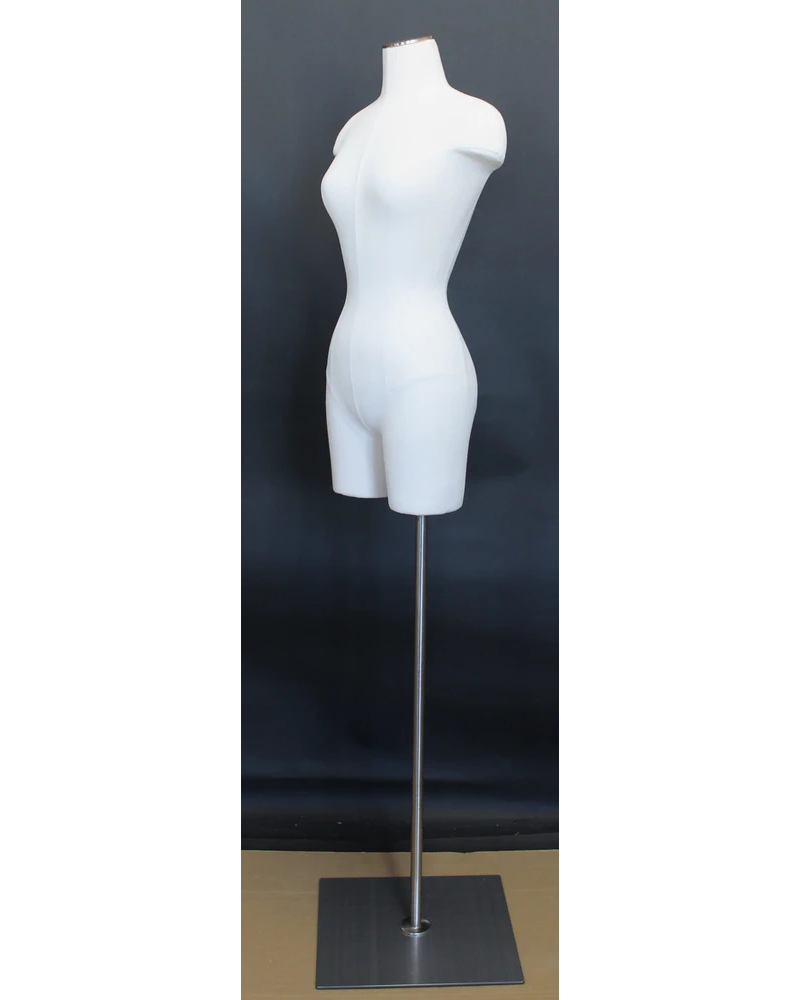 Size 4/6 female three-quarter body dress form with metal base in off-white linen