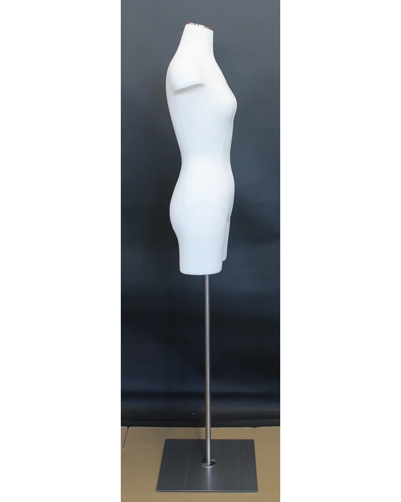 Size 4/6 female three-quarter body dress form with metal base in off-white linen