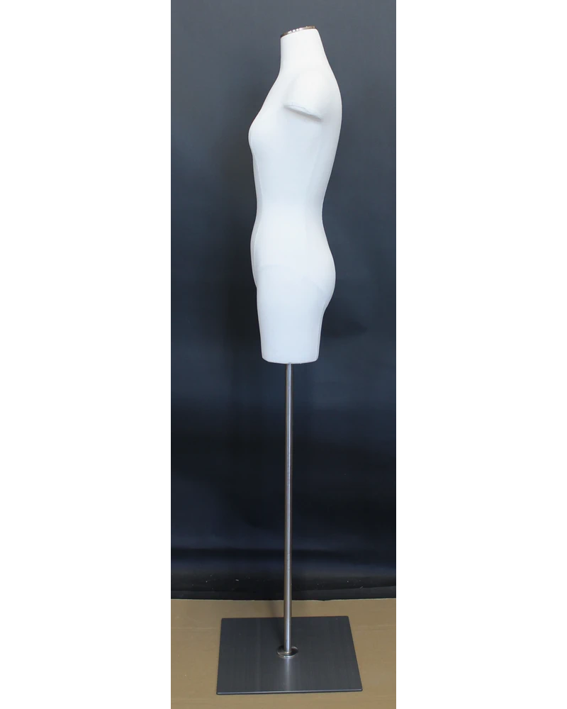 Size 4/6 female three-quarter body dress form with metal base in off-white linen