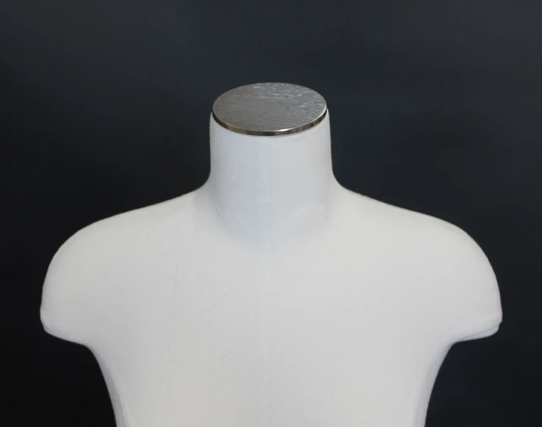 Size 4/6 female three-quarter body dress form with metal base in off-white linen