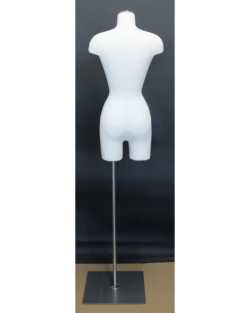 Size 4/6 female three-quarter body dress form with metal base in off-white linen