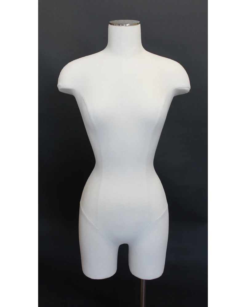 Size 4/6 female three-quarter body dress form with metal base in off-white linen