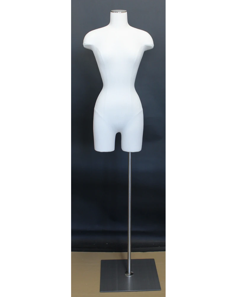 Size 4/6 female three-quarter body dress form with metal base in off-white linen