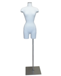 Size 4/6 female three-quarter body dress form with metal base in off-white linen