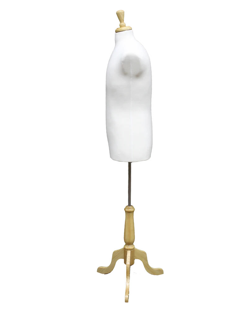 Size M male dress form with wooden tripod base in cream white jersey
