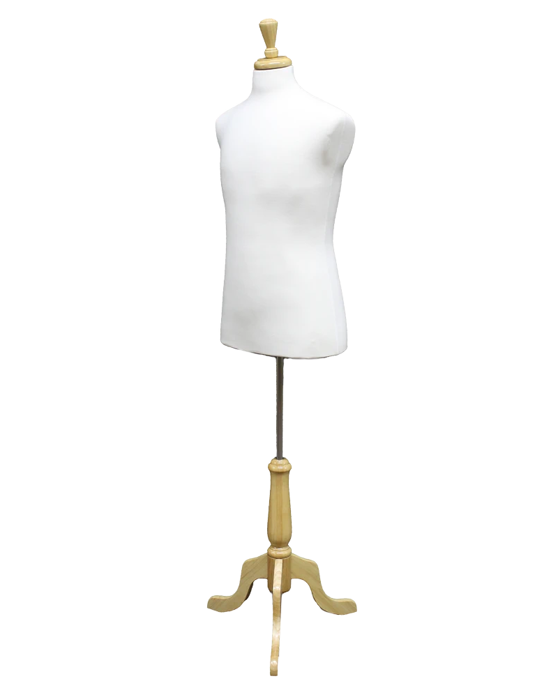 Size M male dress form with wooden tripod base in cream white jersey