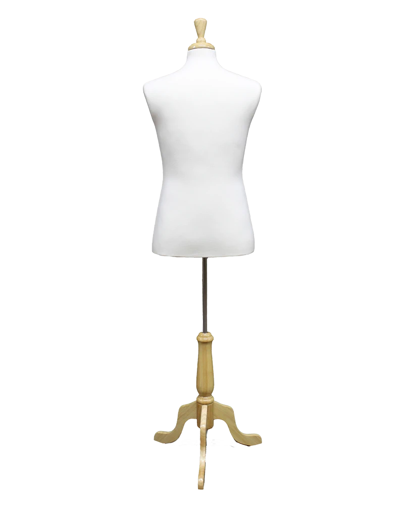 Size M male dress form with wooden tripod base in cream white jersey