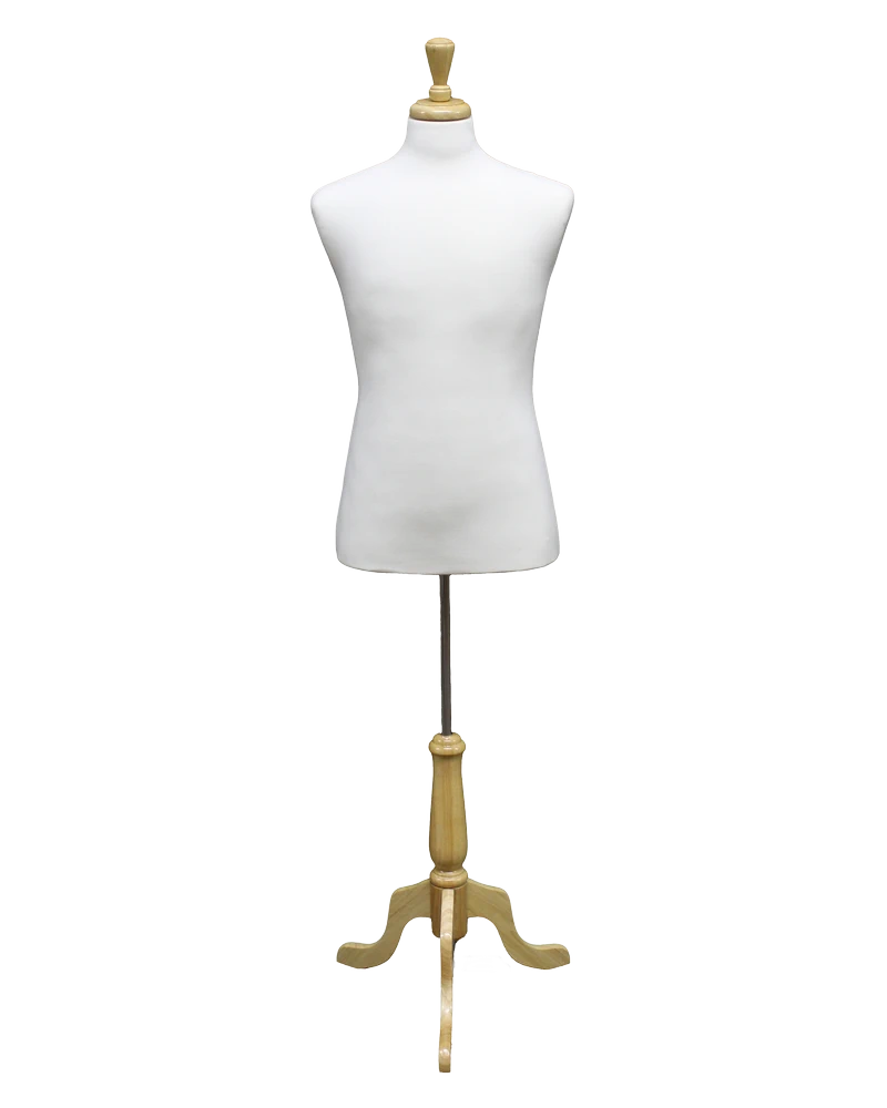Size M male dress form with wooden tripod base in cream white jersey