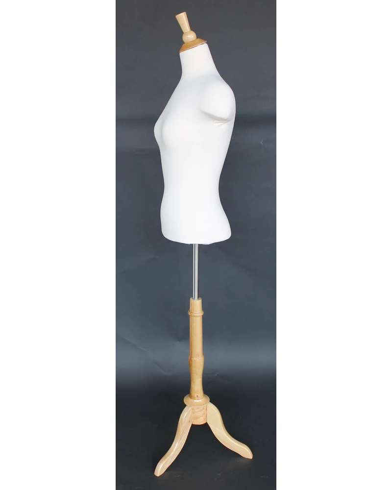 Size 4/6 female blouse form with extended shoulders and wooden tripod base in cream white jersey