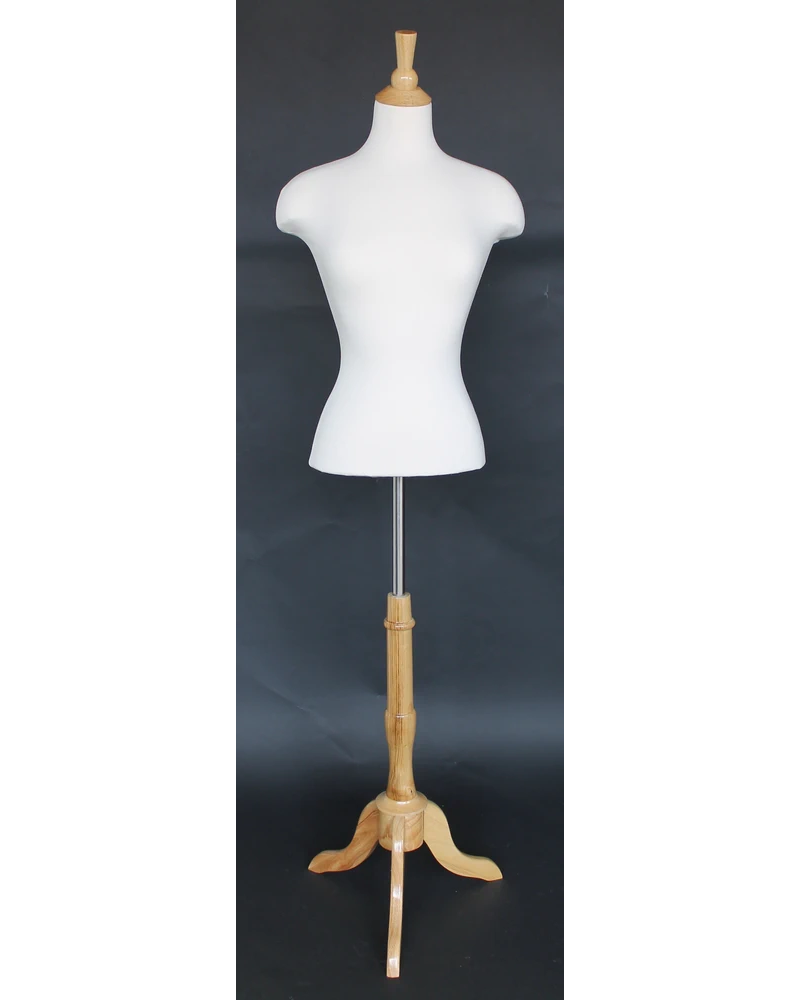 Size 4/6 female blouse form with extended shoulders and wooden tripod base in cream white jersey